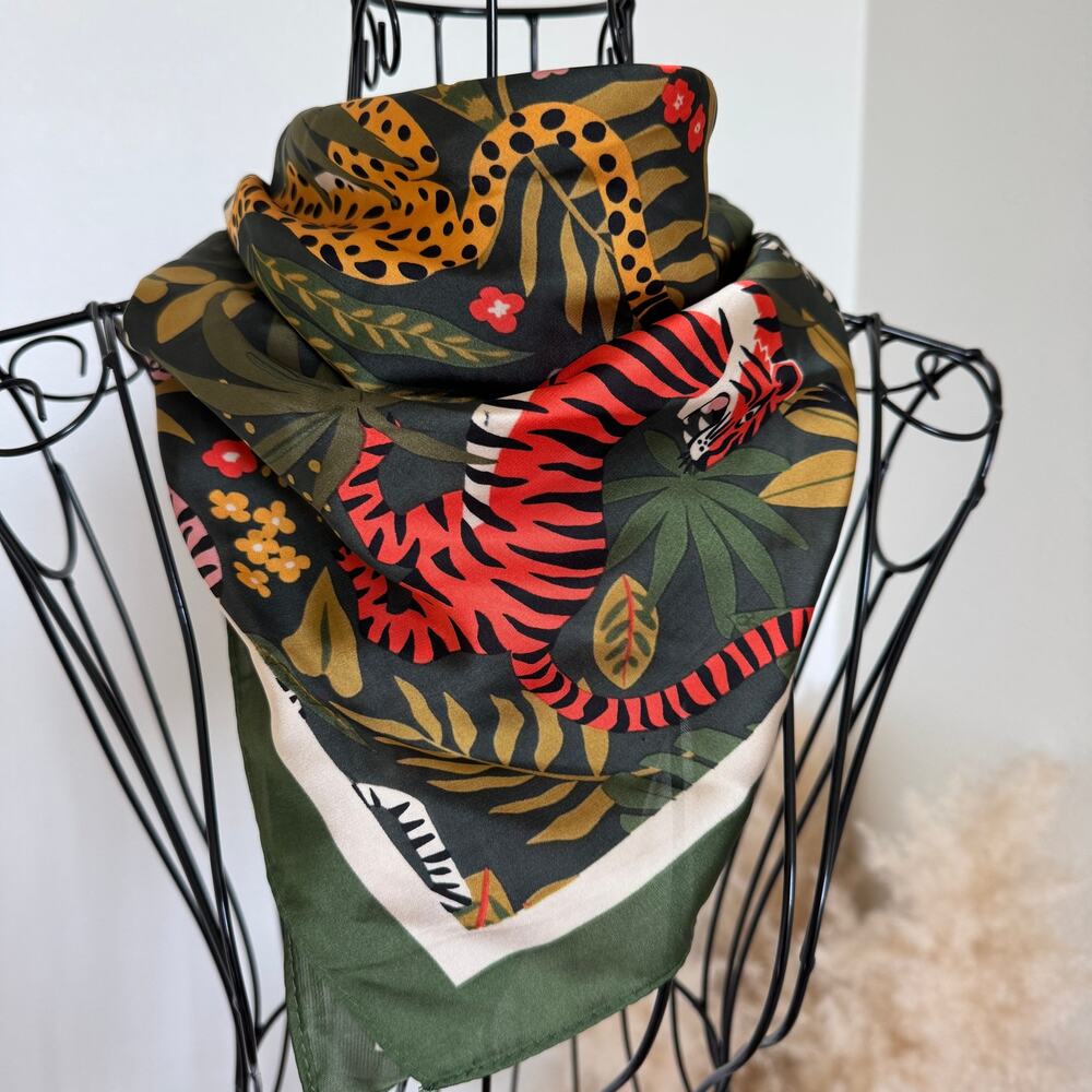 Vibrant Safari Jungle Animal Print Square Scarf - Hunter Green - Picture 4 of 5
